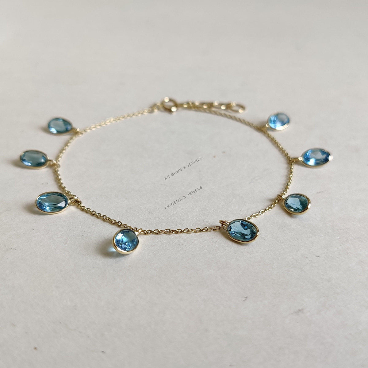 14K Solid Gold Natural Swiss Blue Topaz Bracelet, December Birthstone