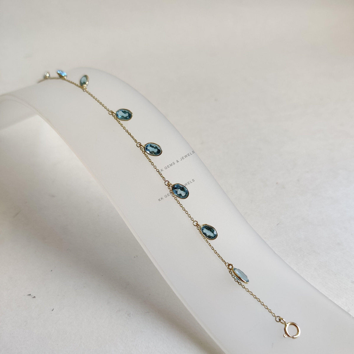 14K Solid Gold Natural Swiss Blue Topaz Bracelet, December Birthstone