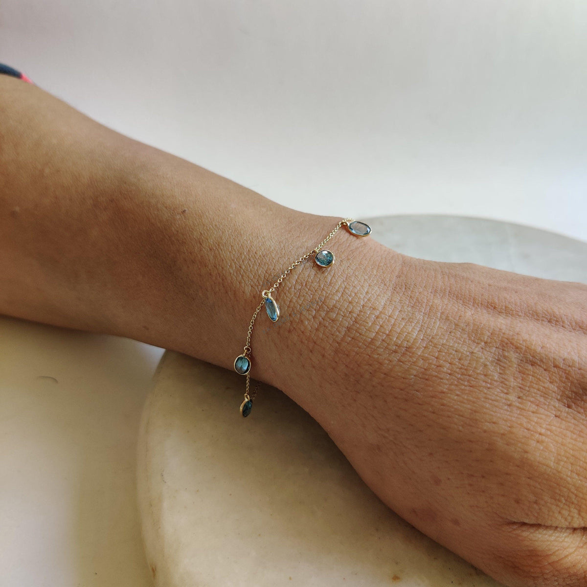 14K Solid Gold Natural Swiss Blue Topaz Bracelet, December Birthstone