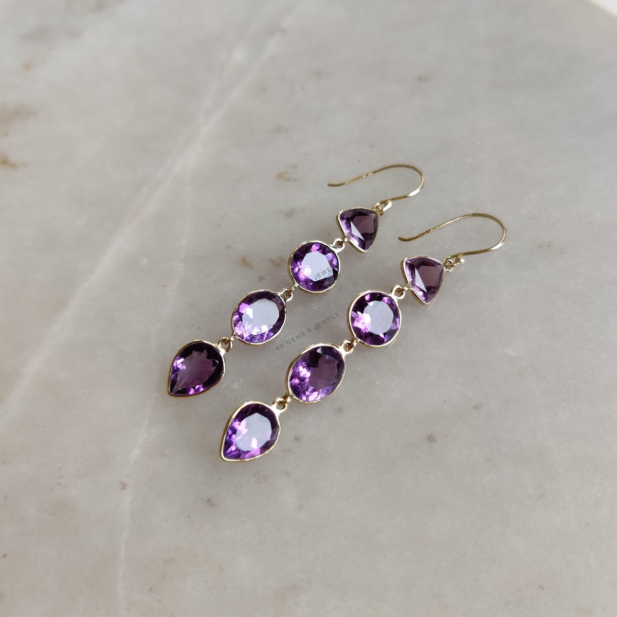 14K Solid Yellow Gold Natural Purple Amethyst Bezel Earrings, February Birthstone