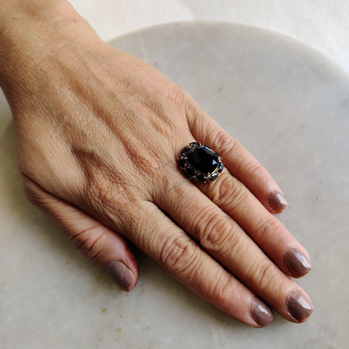 Natural Black Onyx & Black Spinel Cocktail Ring, 14K Solid Yellow Gold, Christmas Gift