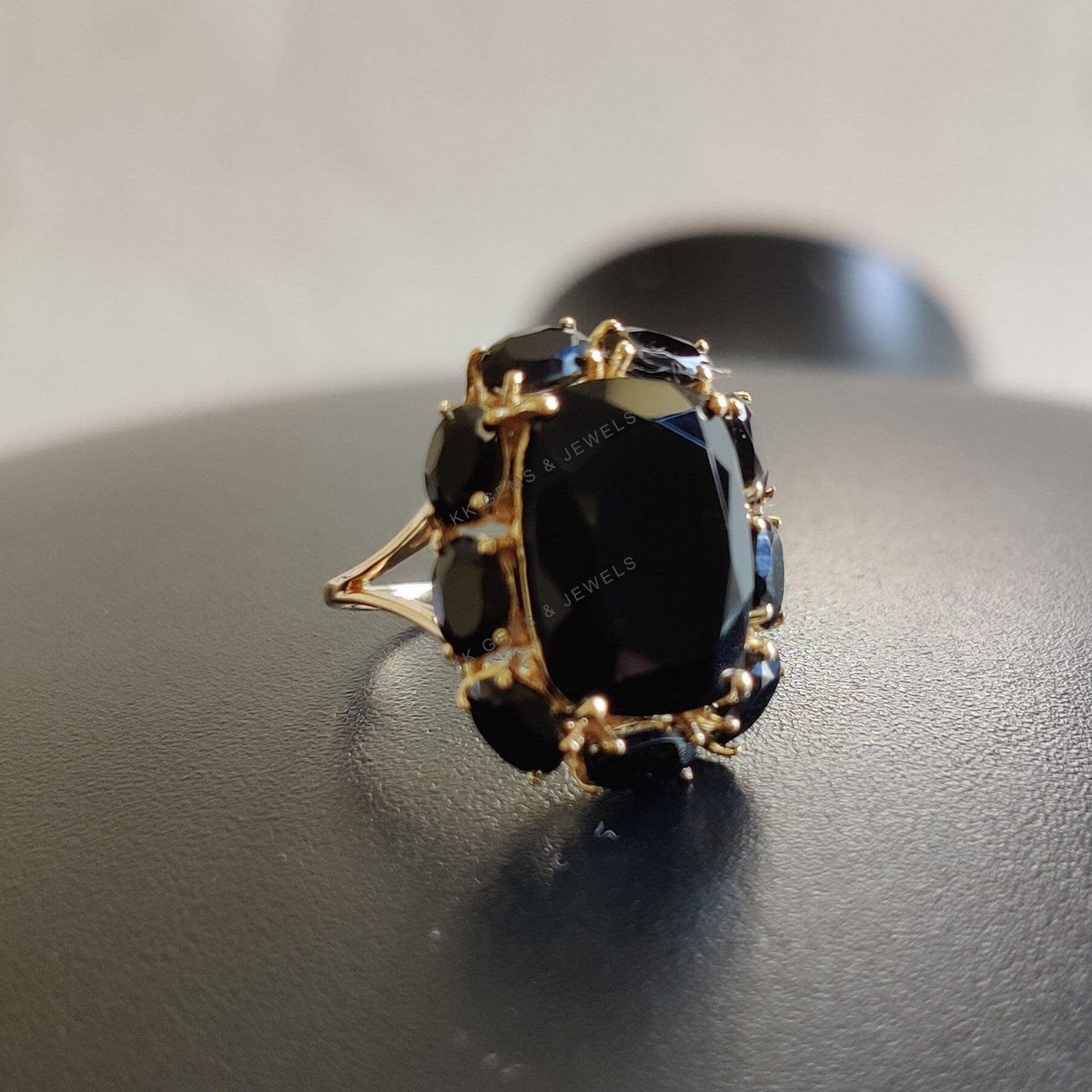 Natural Black Onyx & Black Spinel Cocktail Ring, 14K Solid Yellow Gold, Christmas Gift