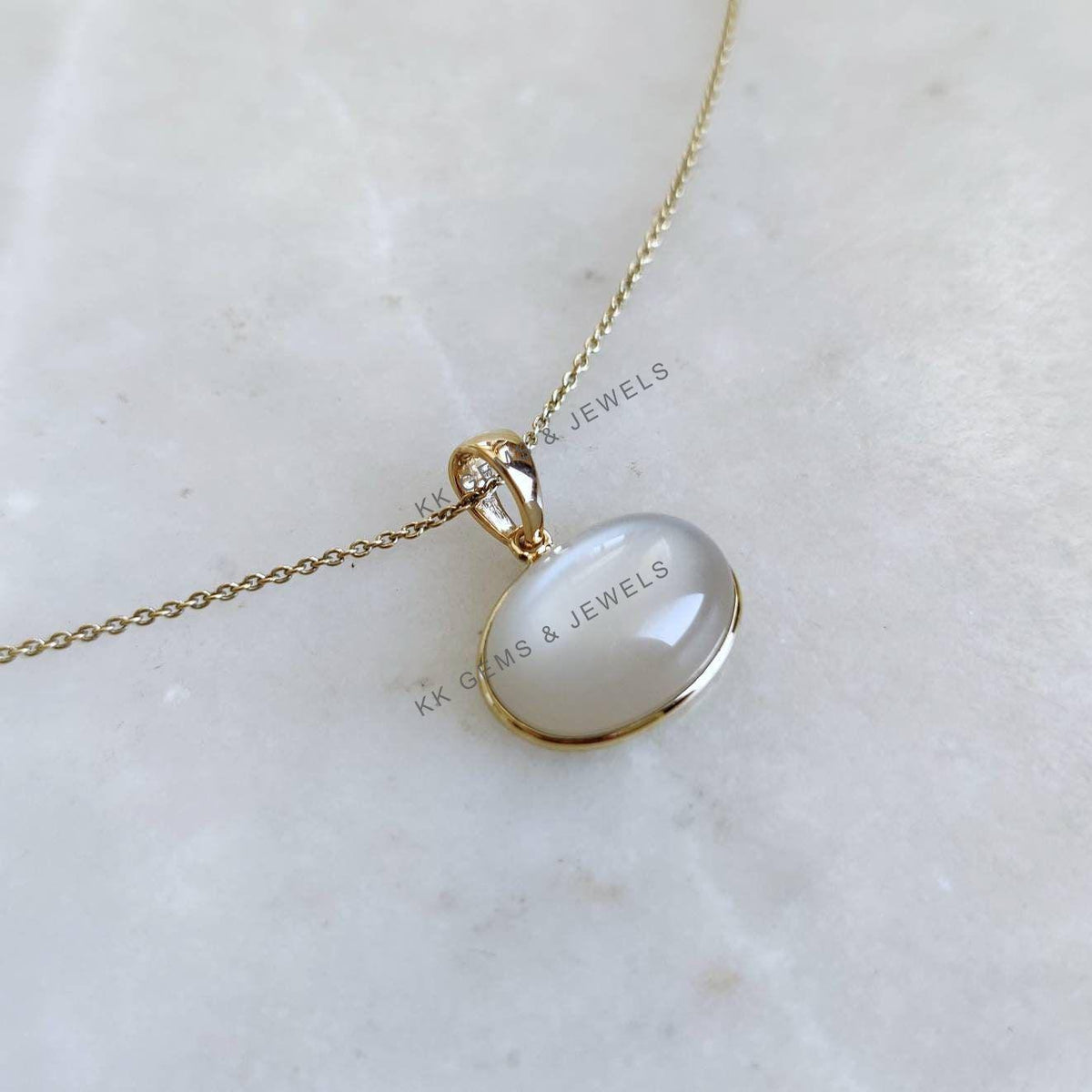 14K Solid Yellow Gold Natural White Moonstone Oval Pendant, June Birthstone