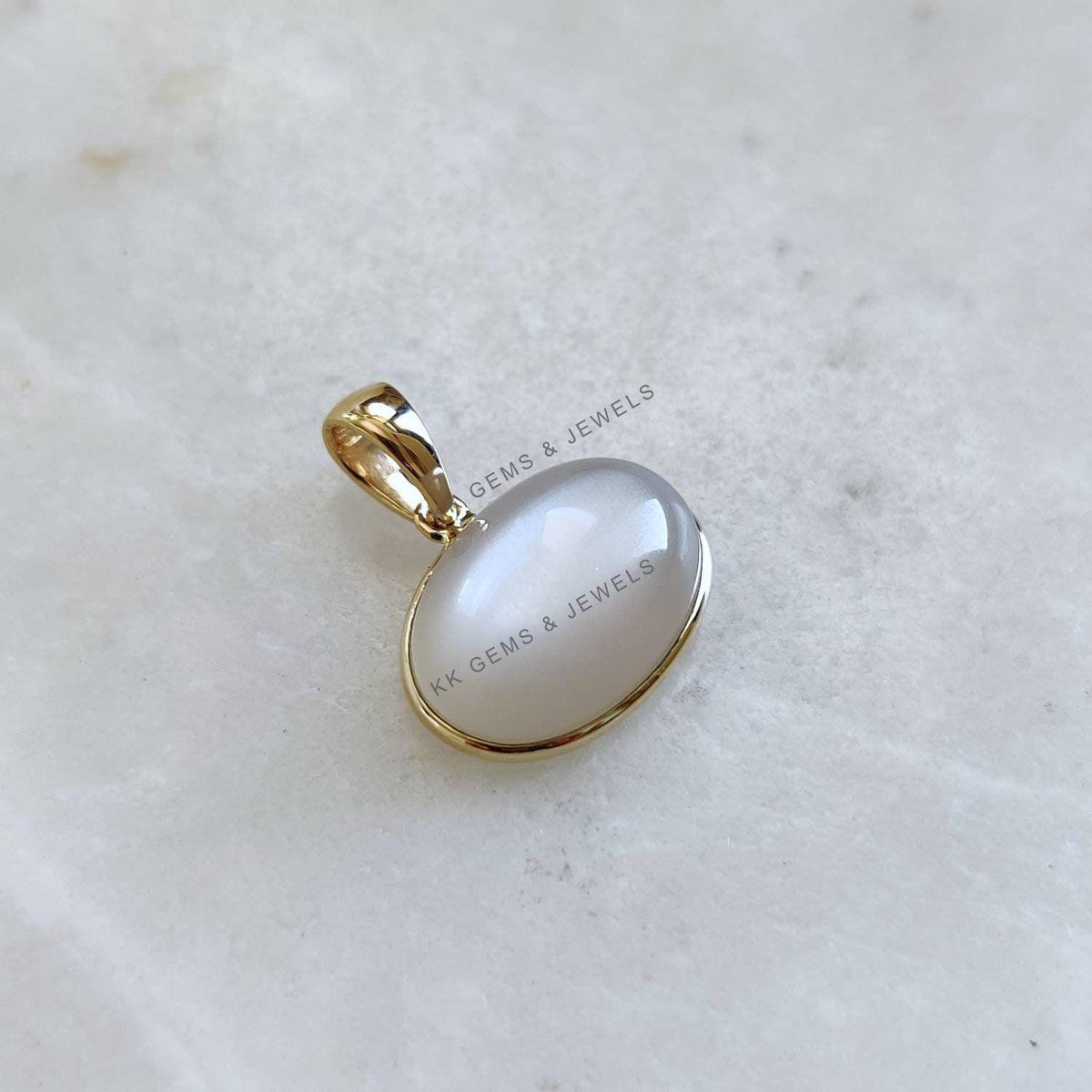 14K Solid Yellow Gold Natural White Moonstone Oval Pendant, June Birthstone