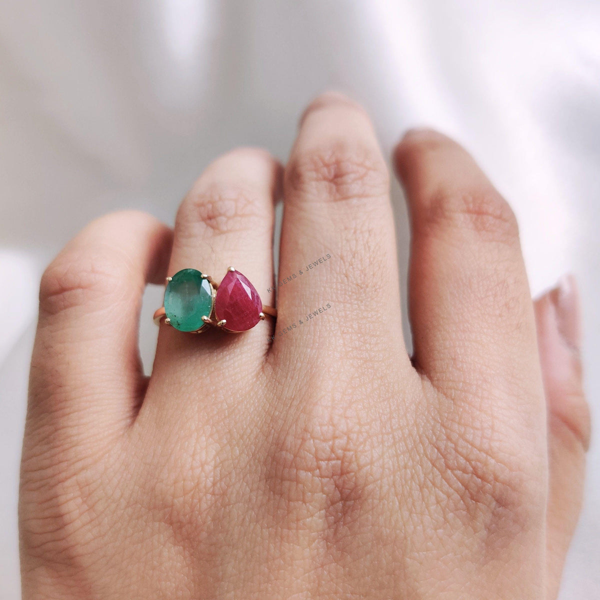 Natural Ruby & Emerald Ring, 14K Solid Yellow Gold Toi et Moi Ring
