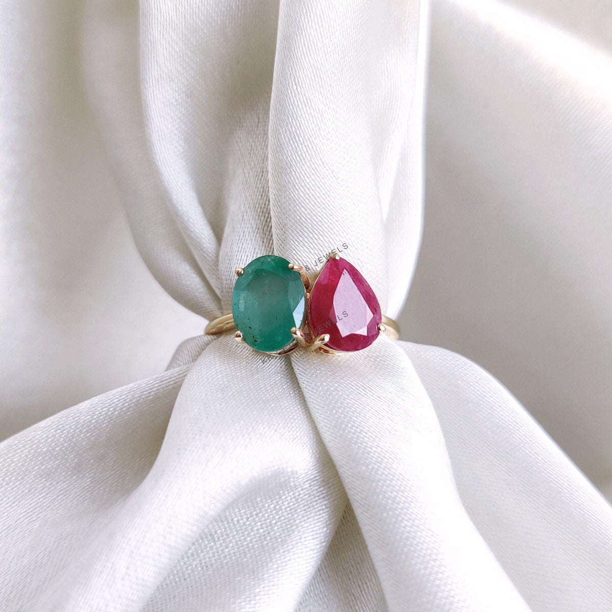 Natural Ruby & Emerald Ring, 14K Solid Yellow Gold Toi et Moi Ring
