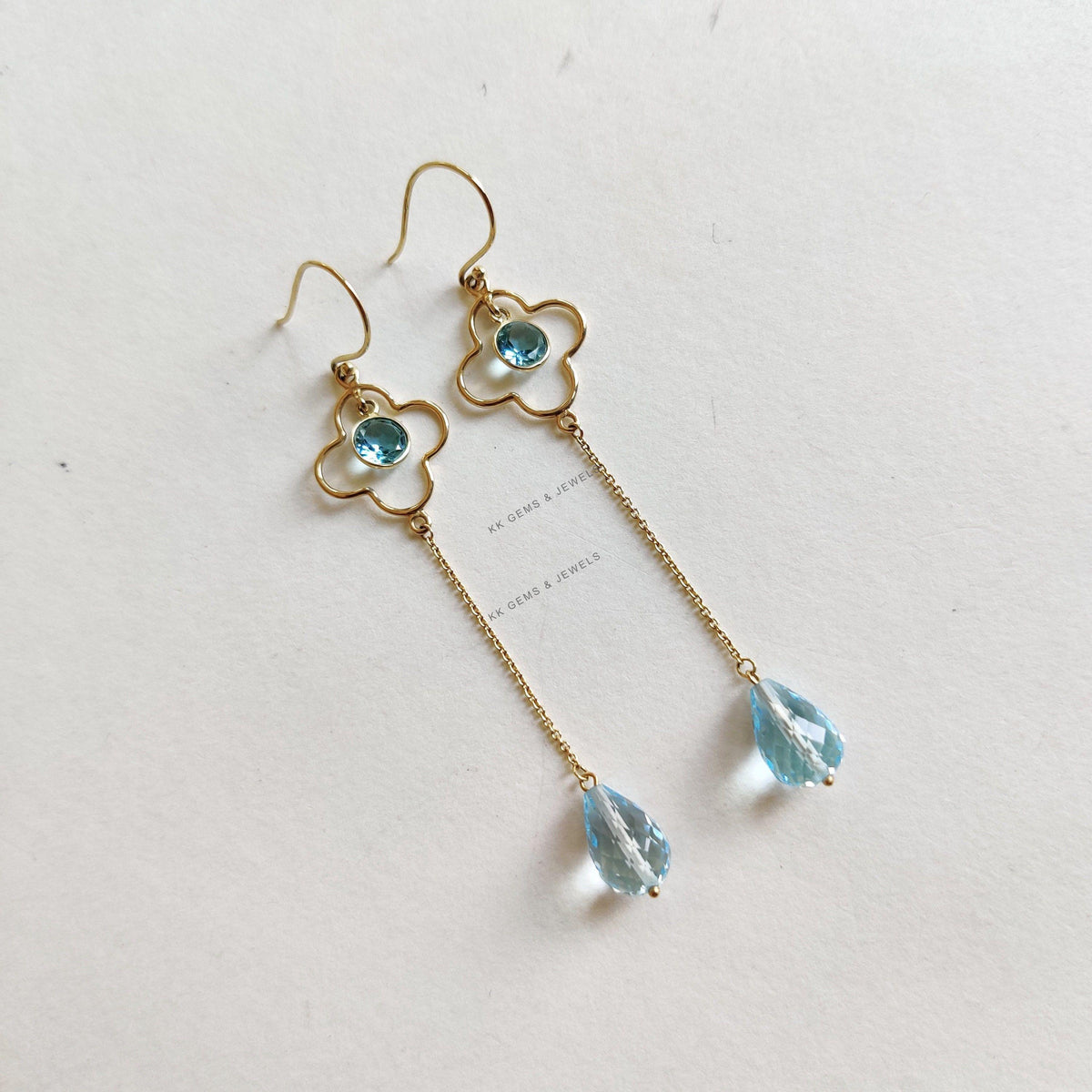 14K Solid Yellow Gold Natural Swiss Blue Topaz Dangle Earrings, Christmas Present