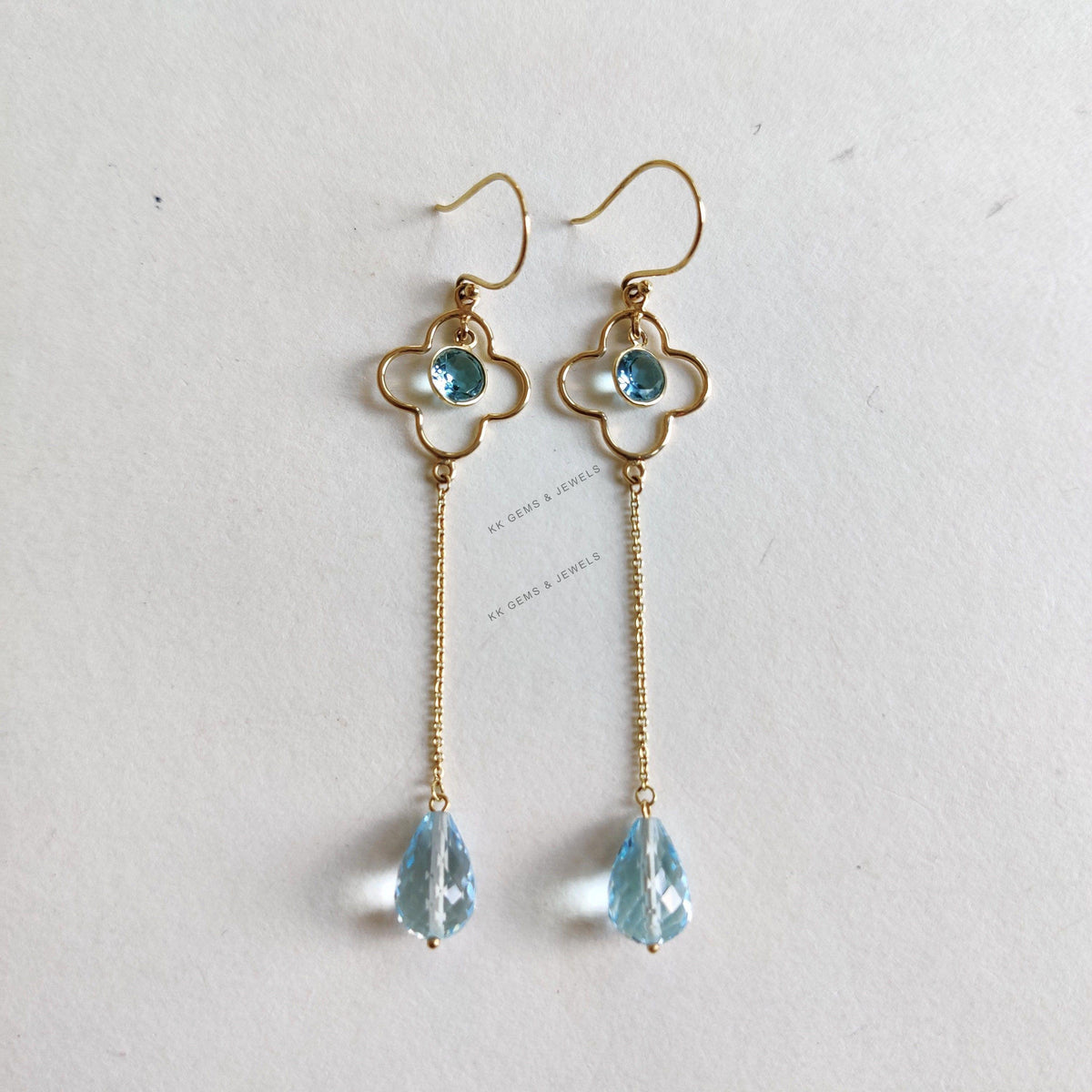 14K Solid Yellow Gold Natural Swiss Blue Topaz Dangle Earrings, Christmas Present