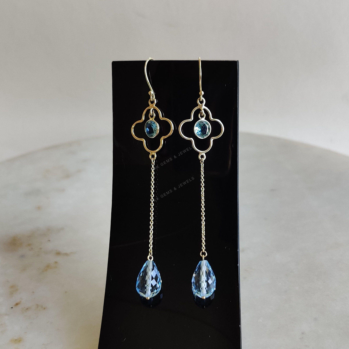 14K Solid Yellow Gold Natural Swiss Blue Topaz Dangle Earrings, Christmas Present