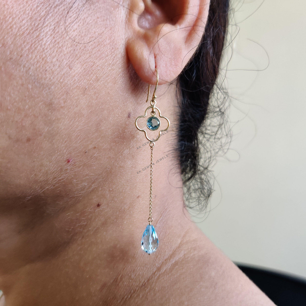 14K Solid Yellow Gold Natural Swiss Blue Topaz Dangle Earrings, Christmas Present
