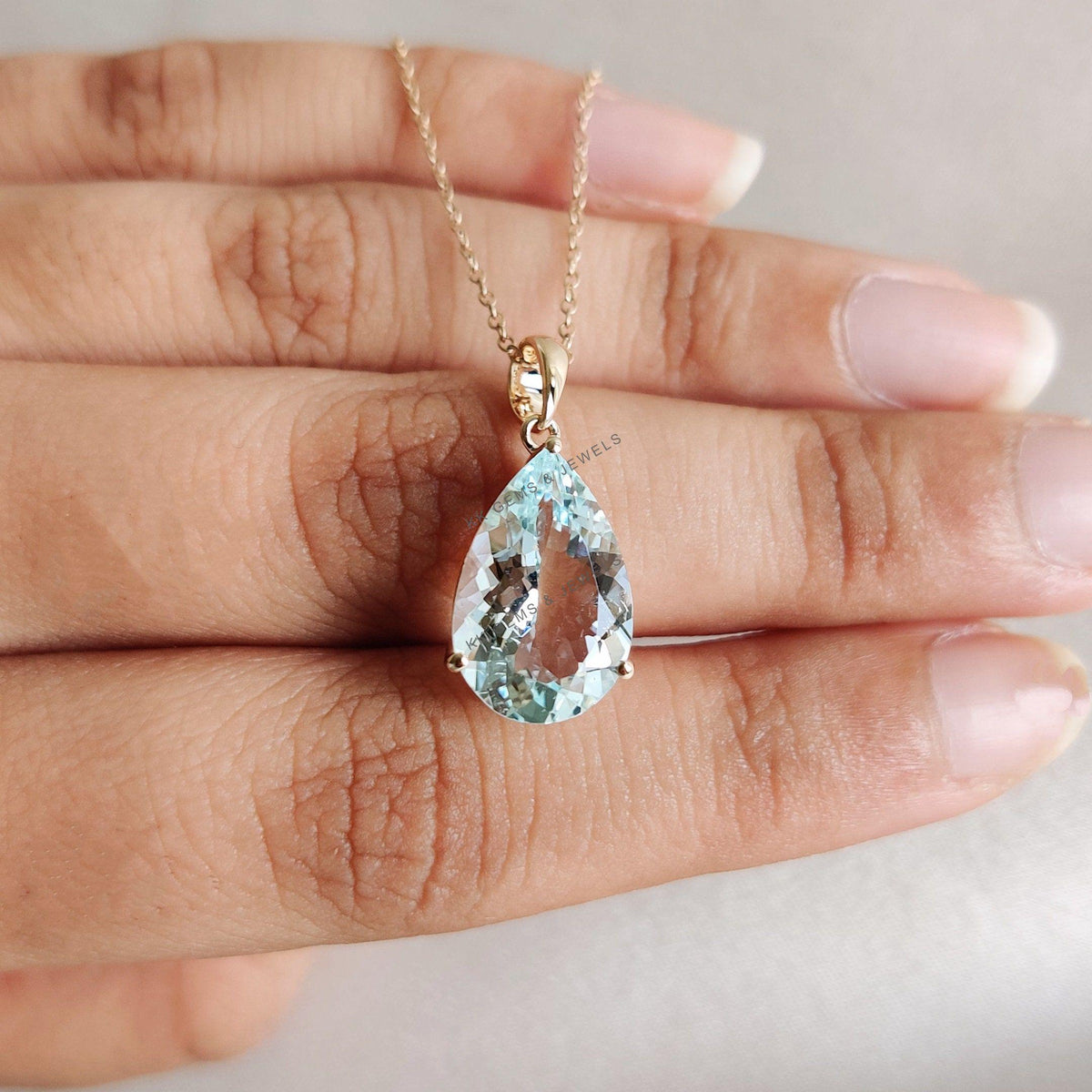 14K Solid Yellow Gold Natural Aquamarine Pear Pendant, March Birthstone