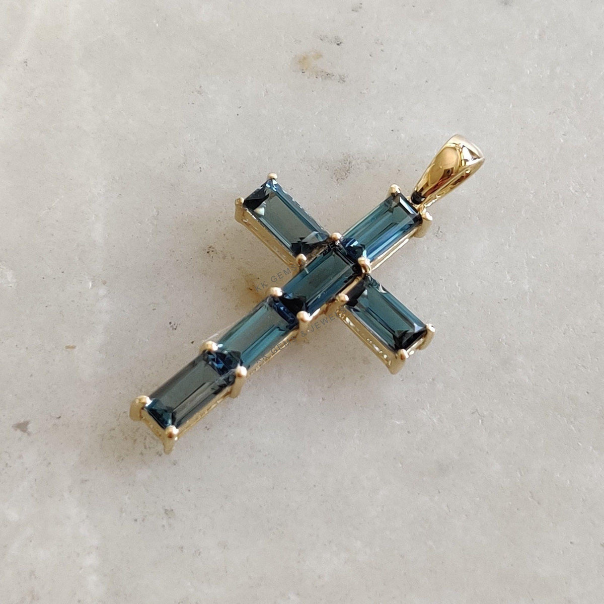 Natural London Blue Topaz Cross Pendant, 14K Solid Yellow Gold, Christmas Gift