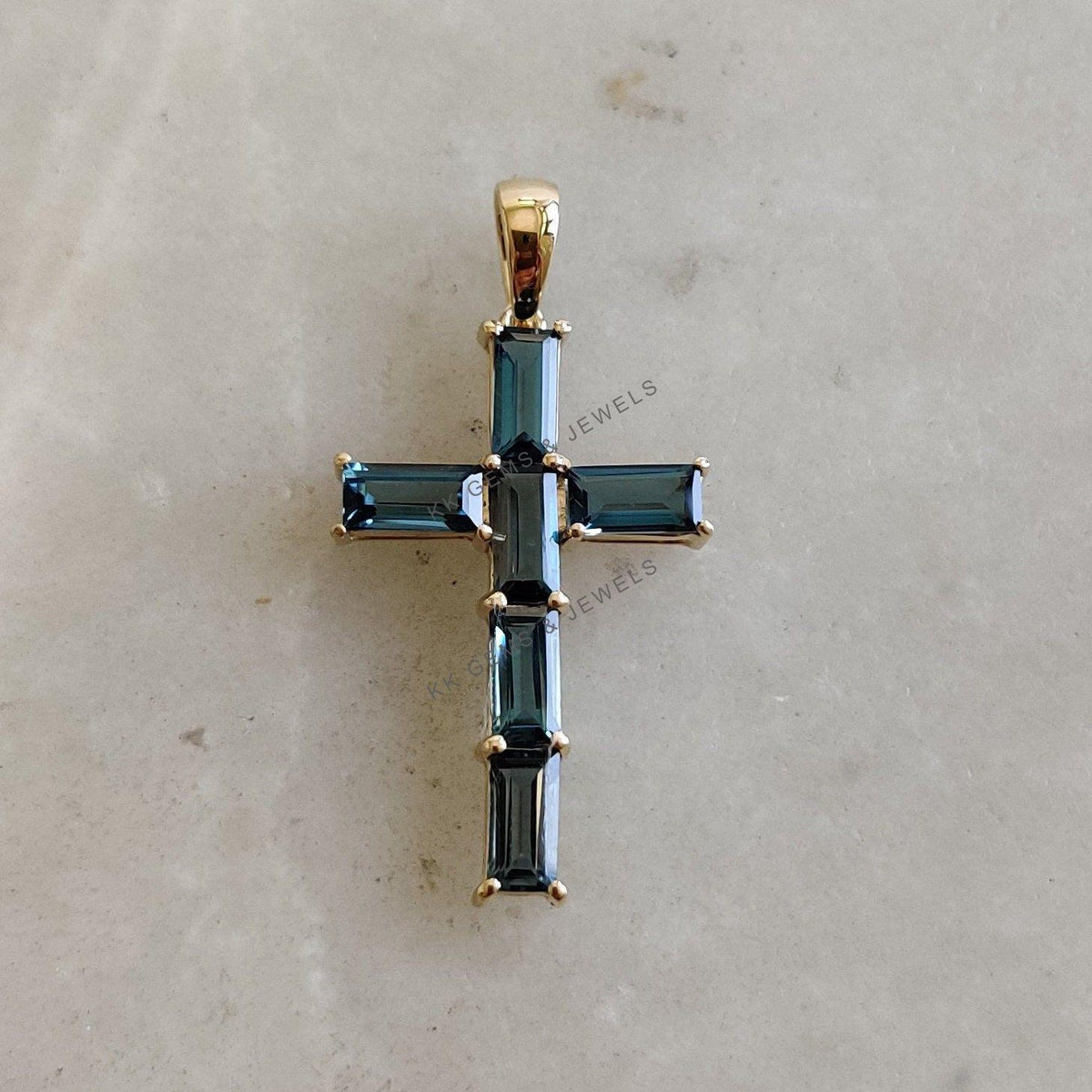 Natural London Blue Topaz Cross Pendant, 14K Solid Yellow Gold, Christmas Gift