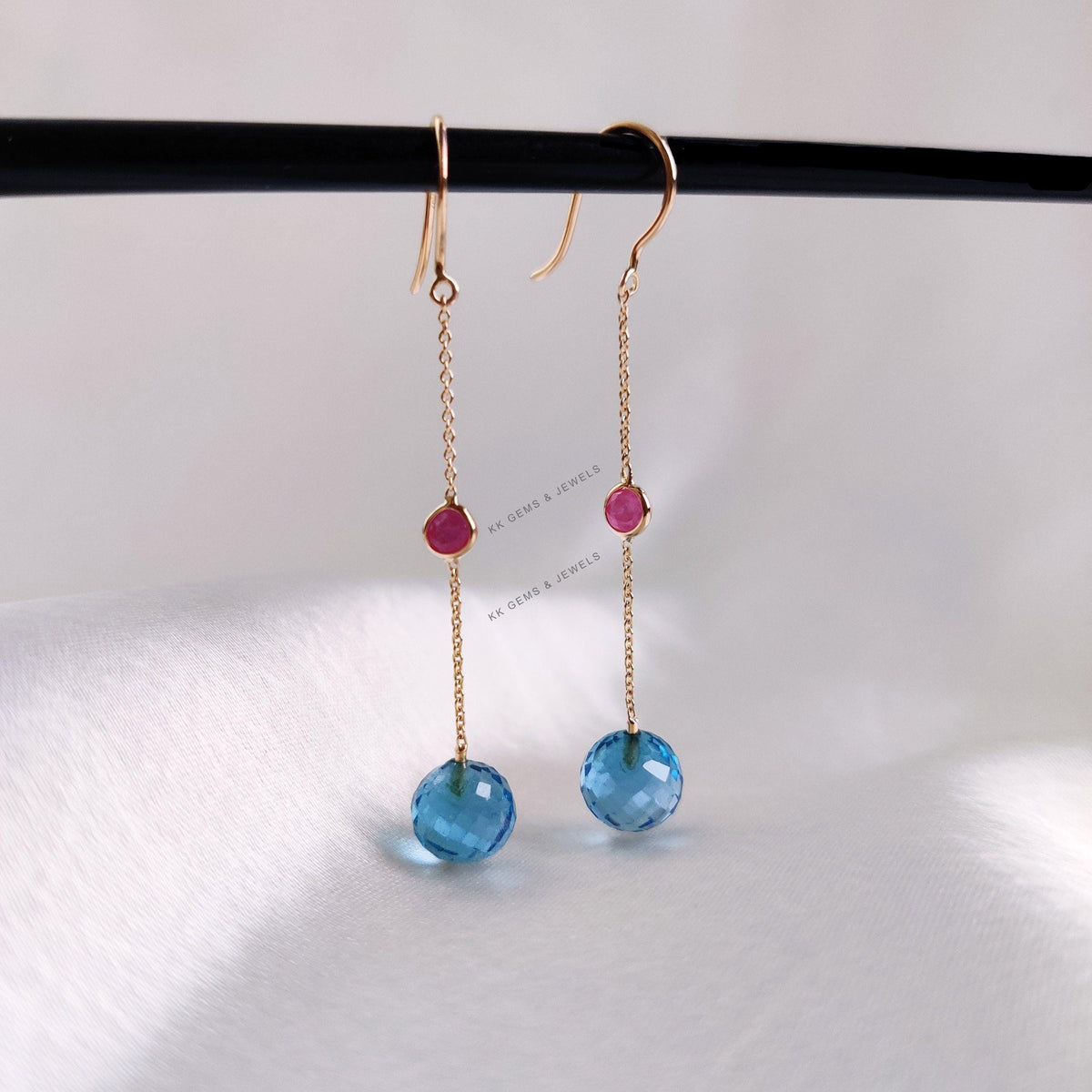 Natural Ruby and Swiss Blue Topaz 14K Solid Gold Drop Earrings