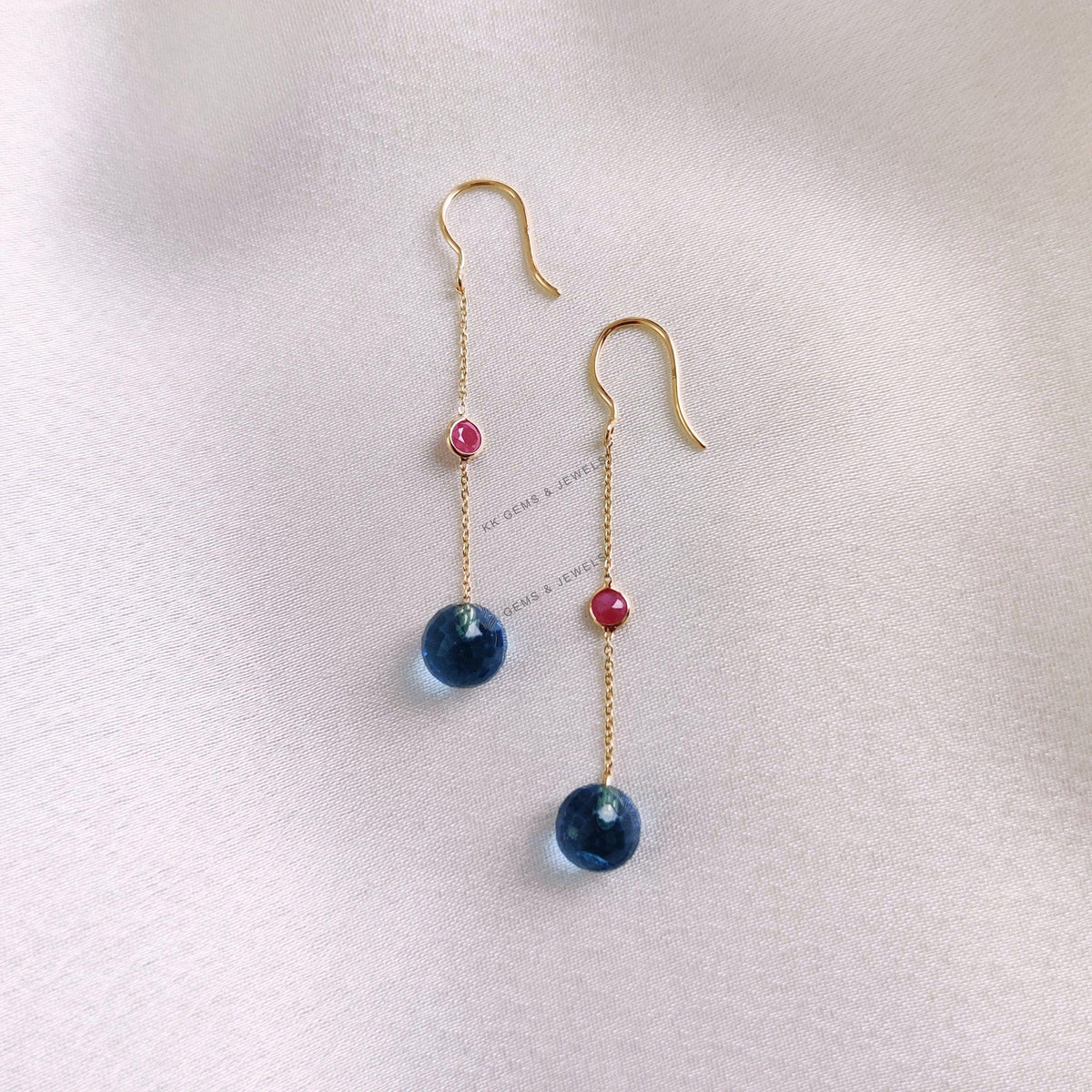 Natural Ruby and Swiss Blue Topaz 14K Solid Gold Drop Earrings