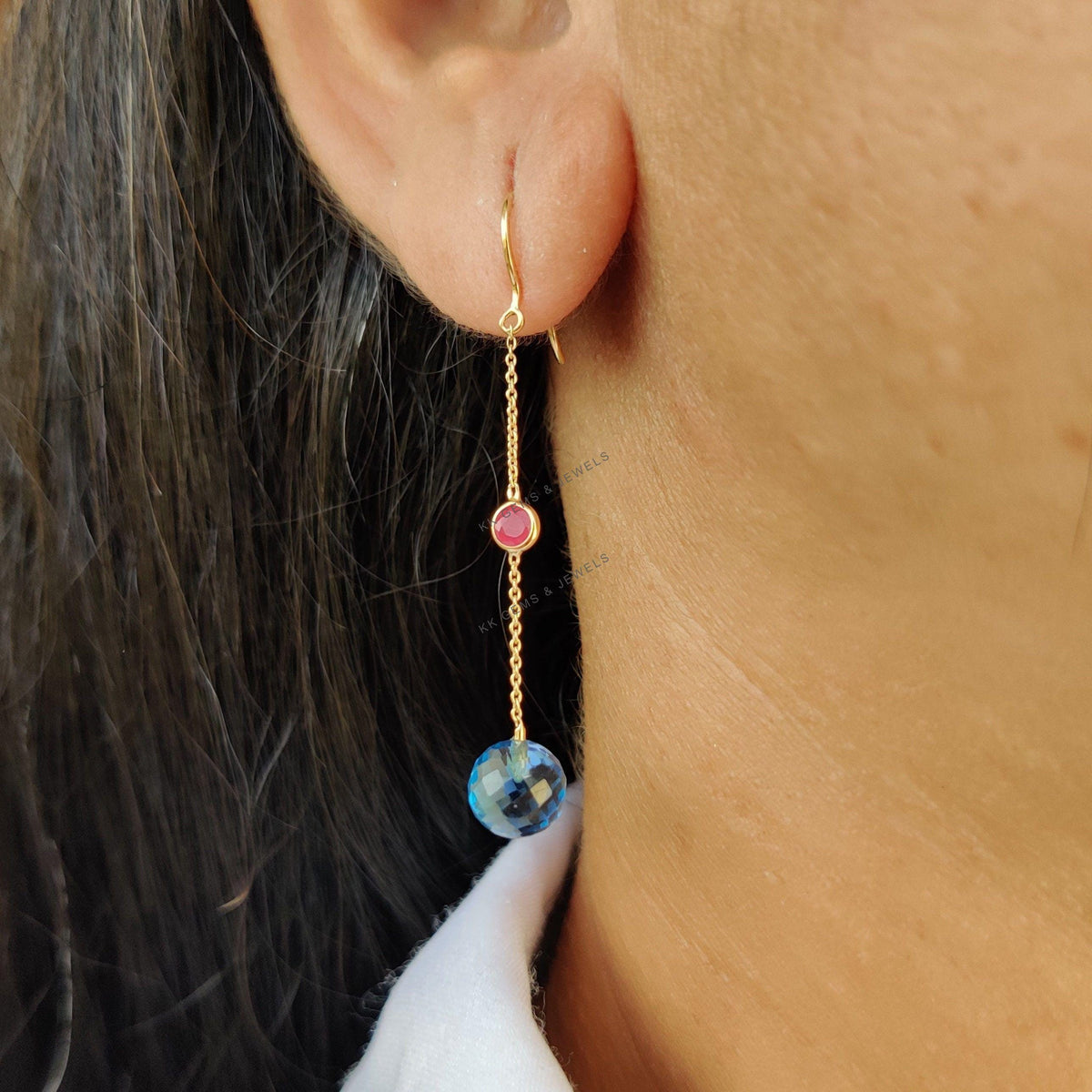 Natural Ruby and Swiss Blue Topaz 14K Solid Gold Drop Earrings
