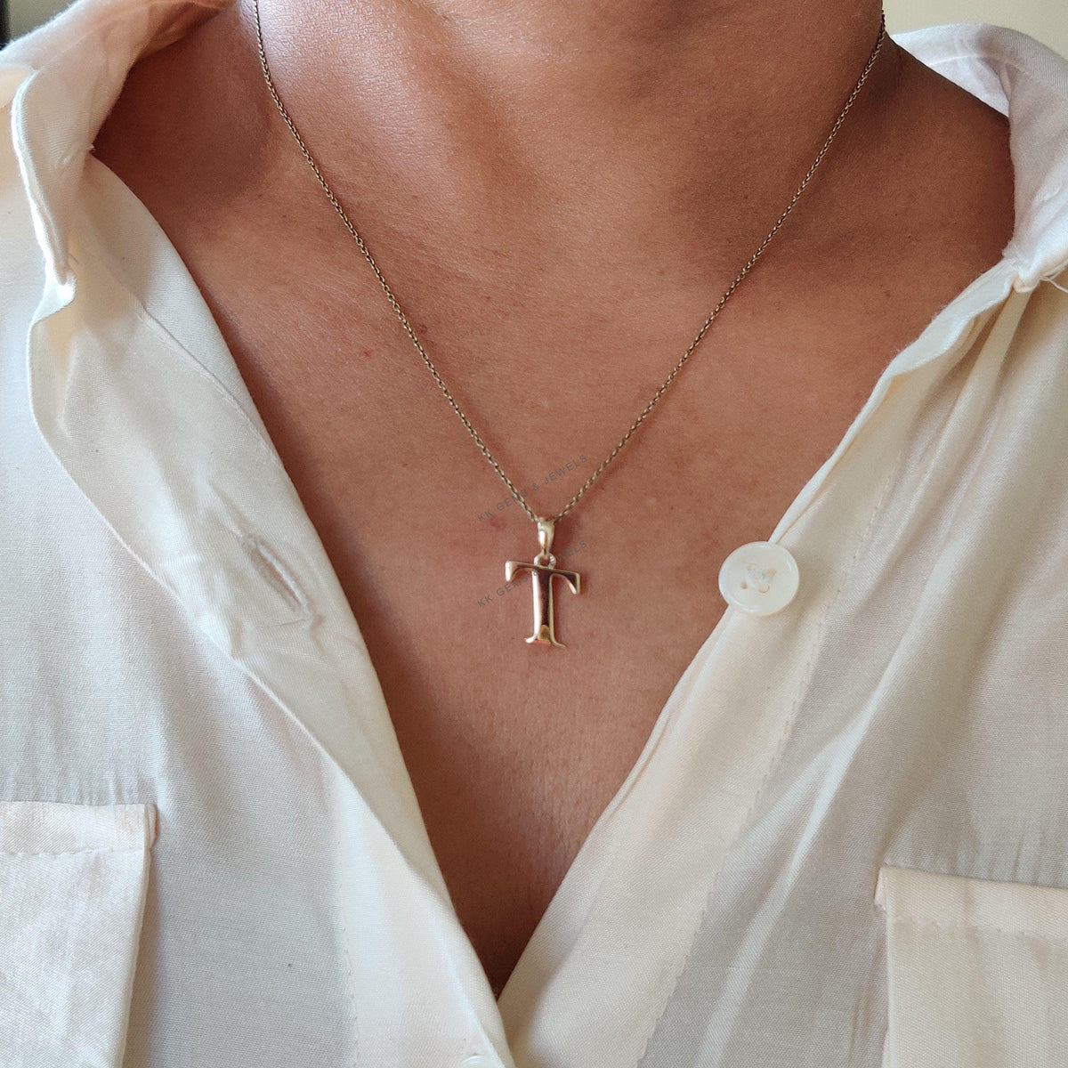 14K Solid Yellow Gold Initial T Pendant Charm