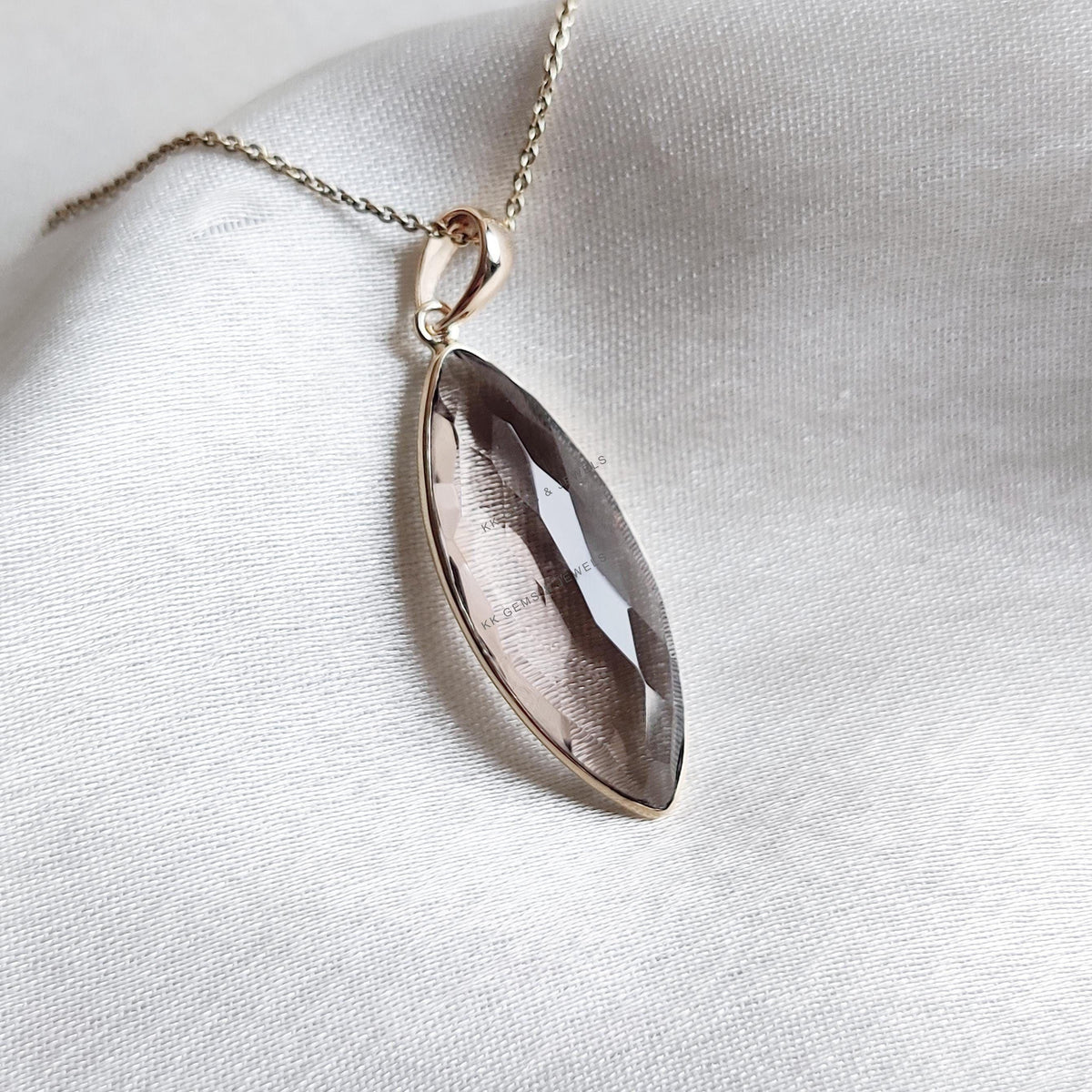 14K Solid Yellow Gold Natural Smoky Quartz Marquise Pendant, June Birthstone