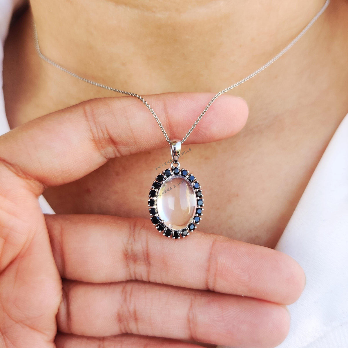 Natural Clear Quartz & Black Spinel Pendant, 14K Solid White Gold Halo Pendant