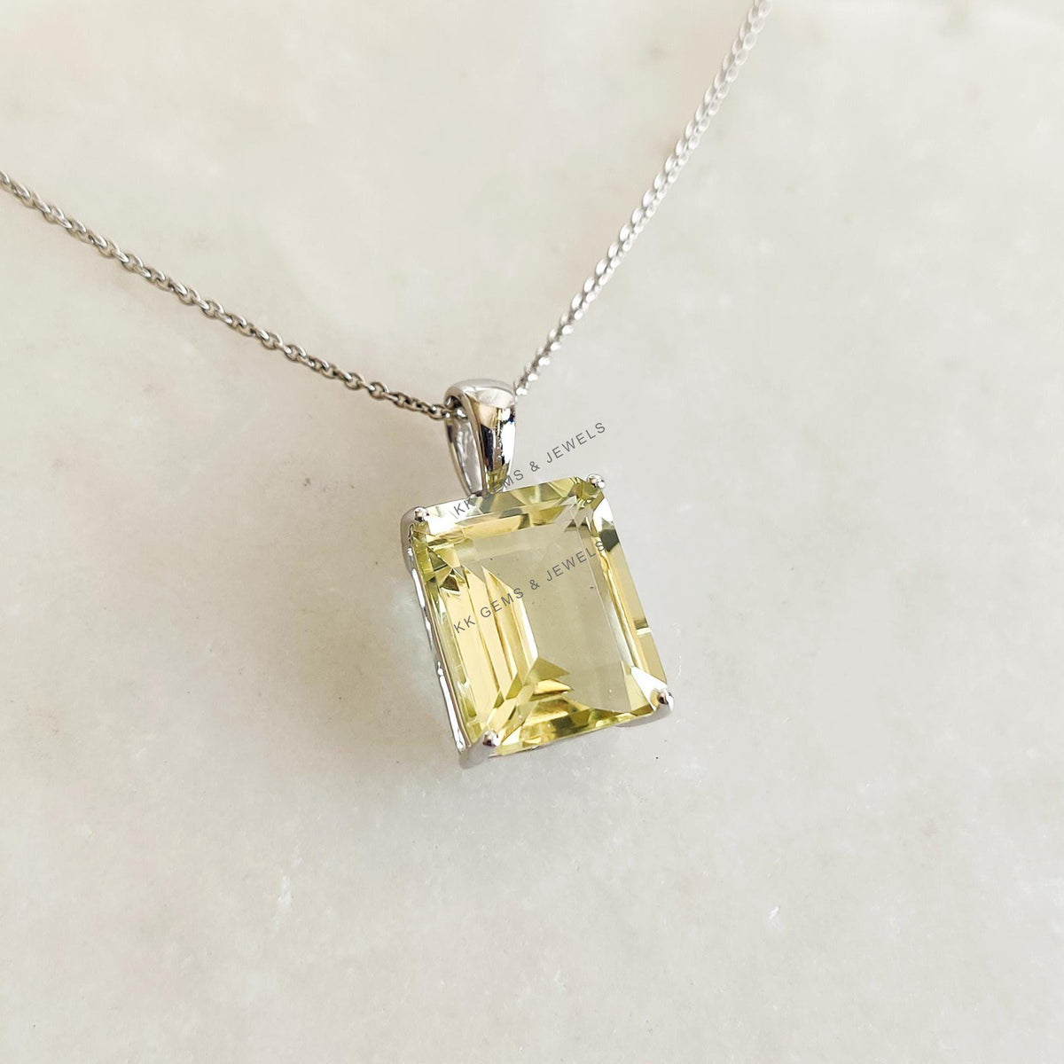 Natural Lemon Topaz Pendant, 14K Solid White Gold, November Birthstone