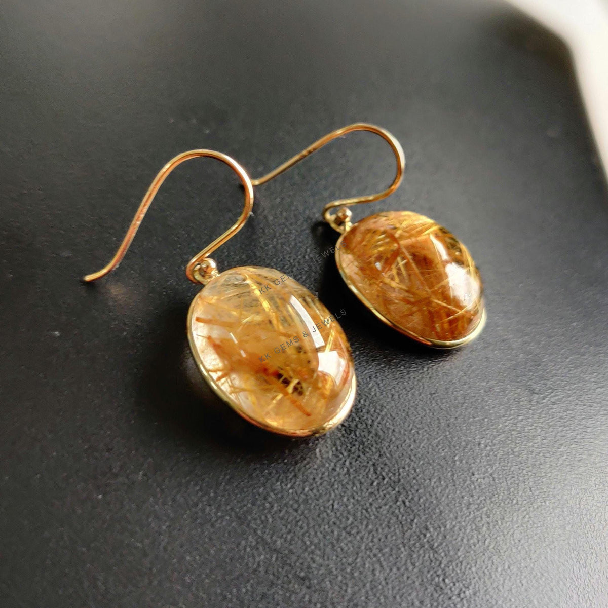 14K Solid Yellow Gold Natural Golden Rutile Bezel Earrings, April Birthstone