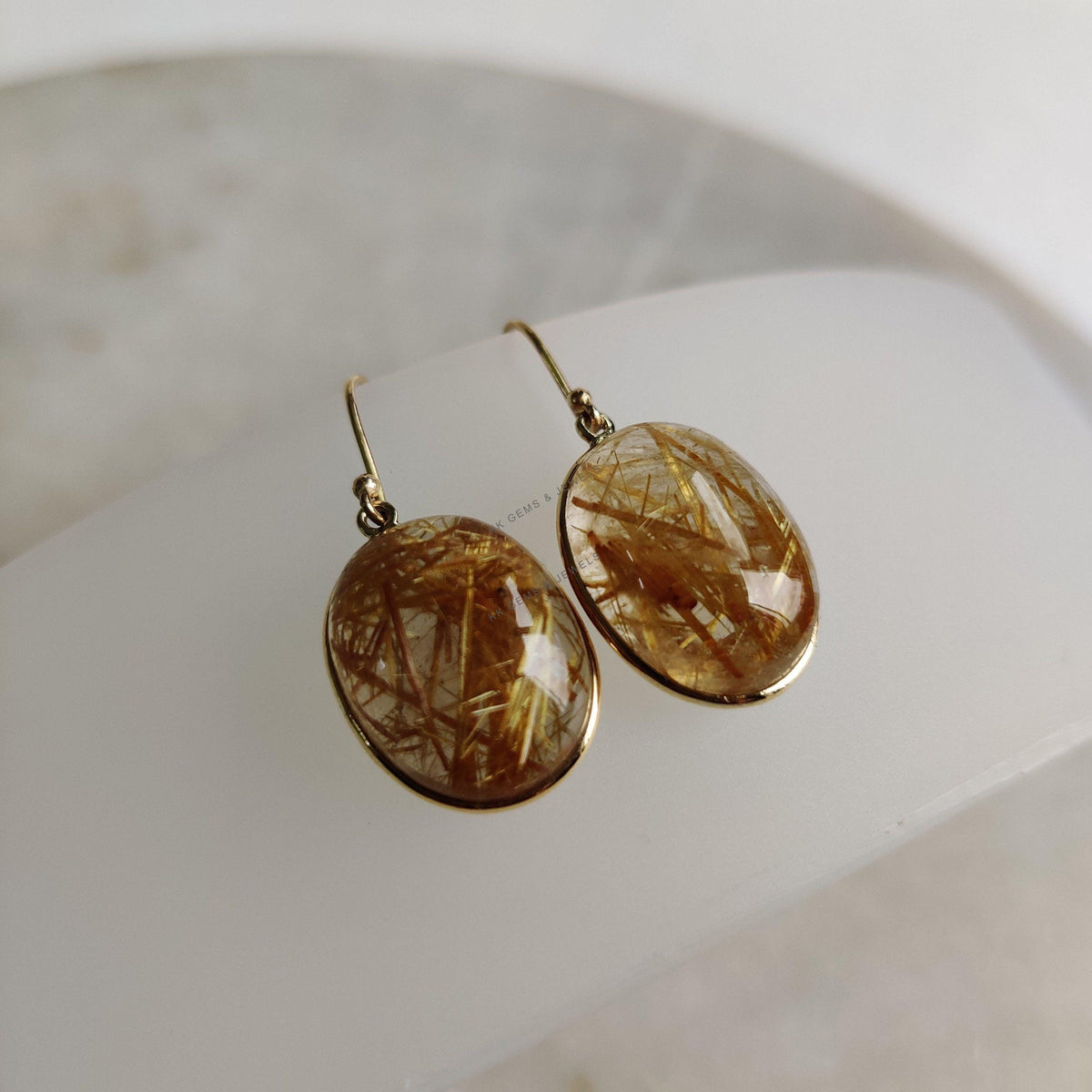 14K Solid Yellow Gold Natural Golden Rutile Bezel Earrings, April Birthstone