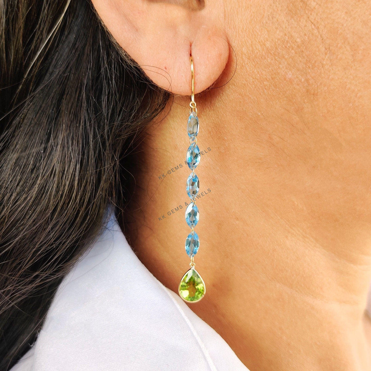14K Solid Gold Natural Swiss Blue Topaz & Peridot Drop Earrings, Christmas Gift