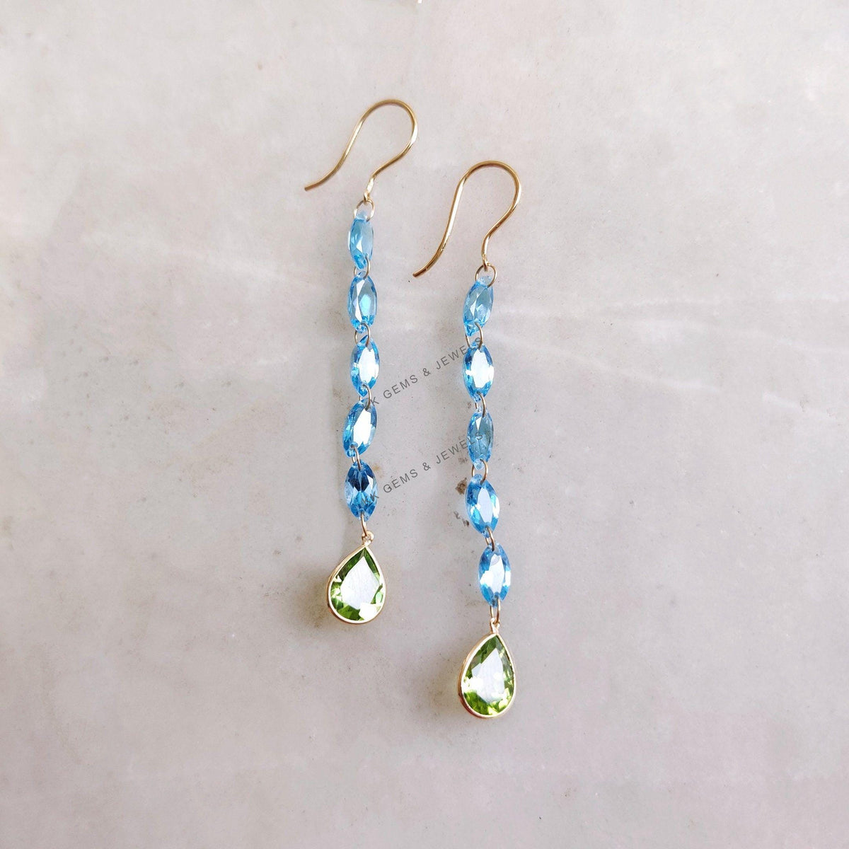 14K Solid Gold Natural Swiss Blue Topaz & Peridot Drop Earrings, Christmas Gift