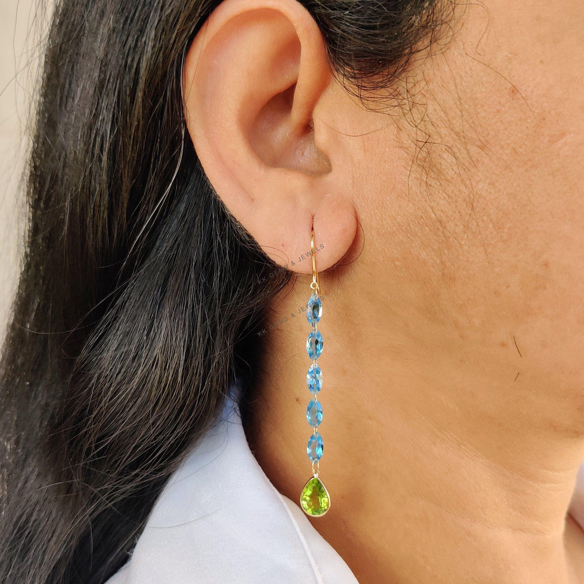 14K Solid Gold Natural Swiss Blue Topaz & Peridot Drop Earrings, Christmas Gift
