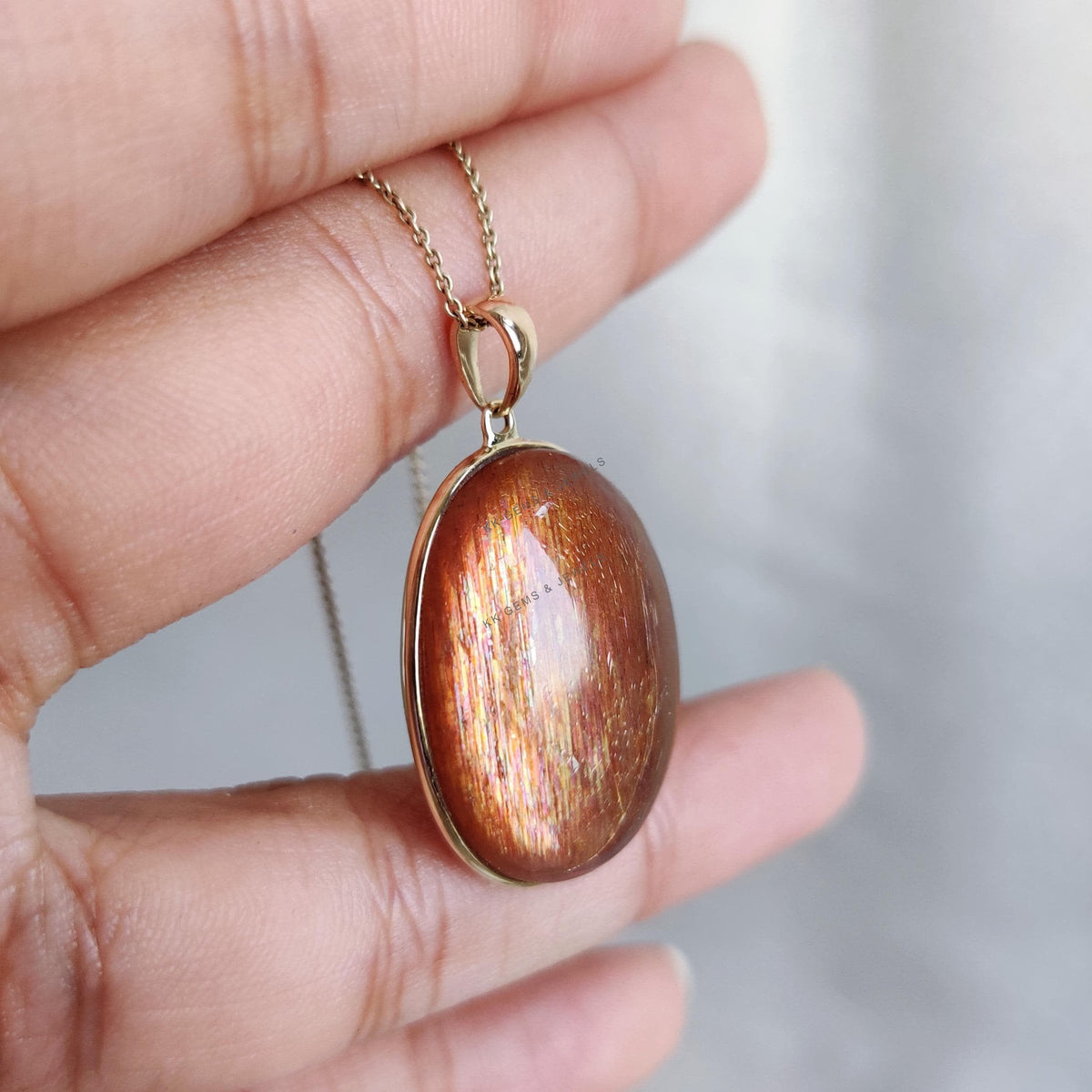 14K Solid Yellow Gold Natural Sunstone Pendant, July August Birthstone, Feldspar Crystal