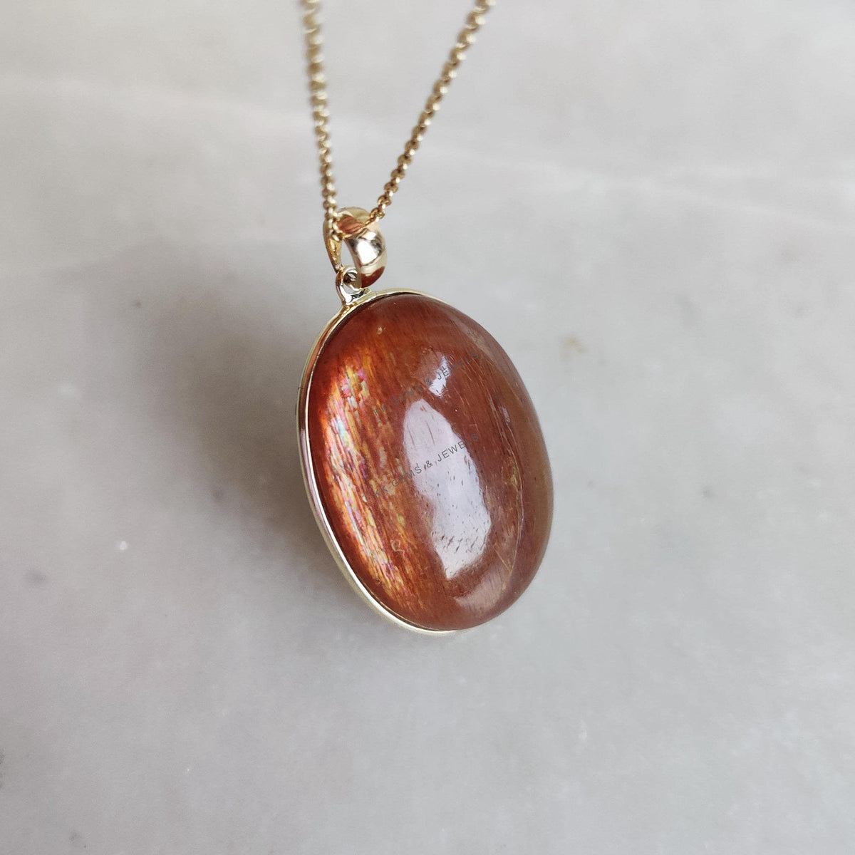 14K Solid Yellow Gold Natural Sunstone Pendant, July August Birthstone, Feldspar Crystal