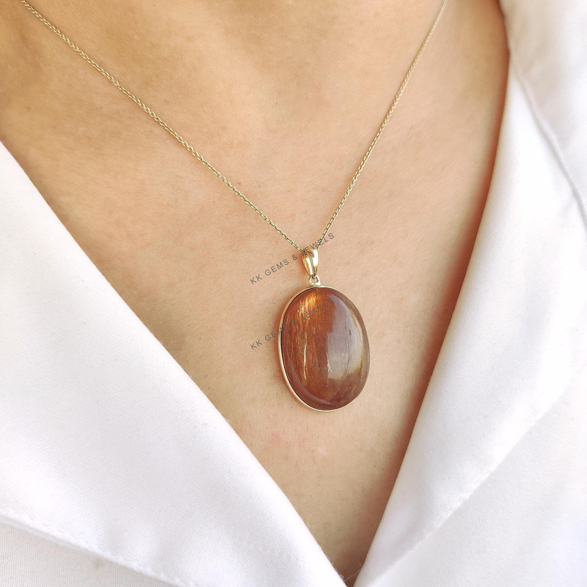14K Solid Yellow Gold Natural Sunstone Pendant, July August Birthstone, Feldspar Crystal