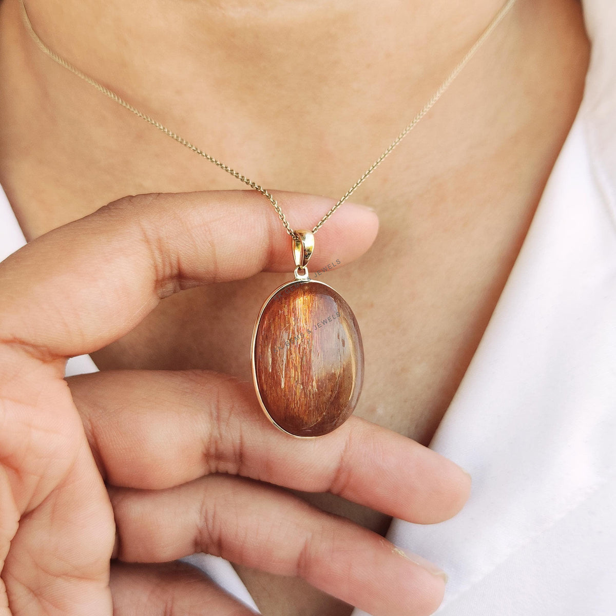 14K Solid Yellow Gold Natural Sunstone Pendant, July August Birthstone, Feldspar Crystal