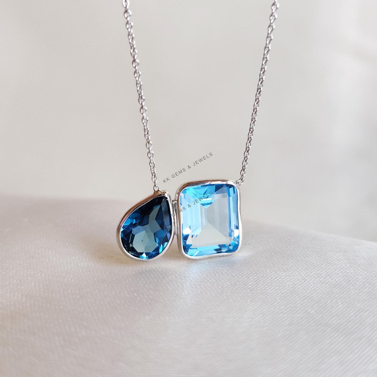 Natural Swiss & London Blue Topaz 14K Solid White Gold Chain Necklace, December Birthstone