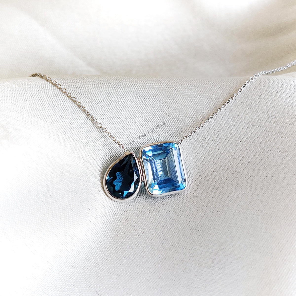 Natural Swiss & London Blue Topaz 14K Solid White Gold Chain Necklace, December Birthstone