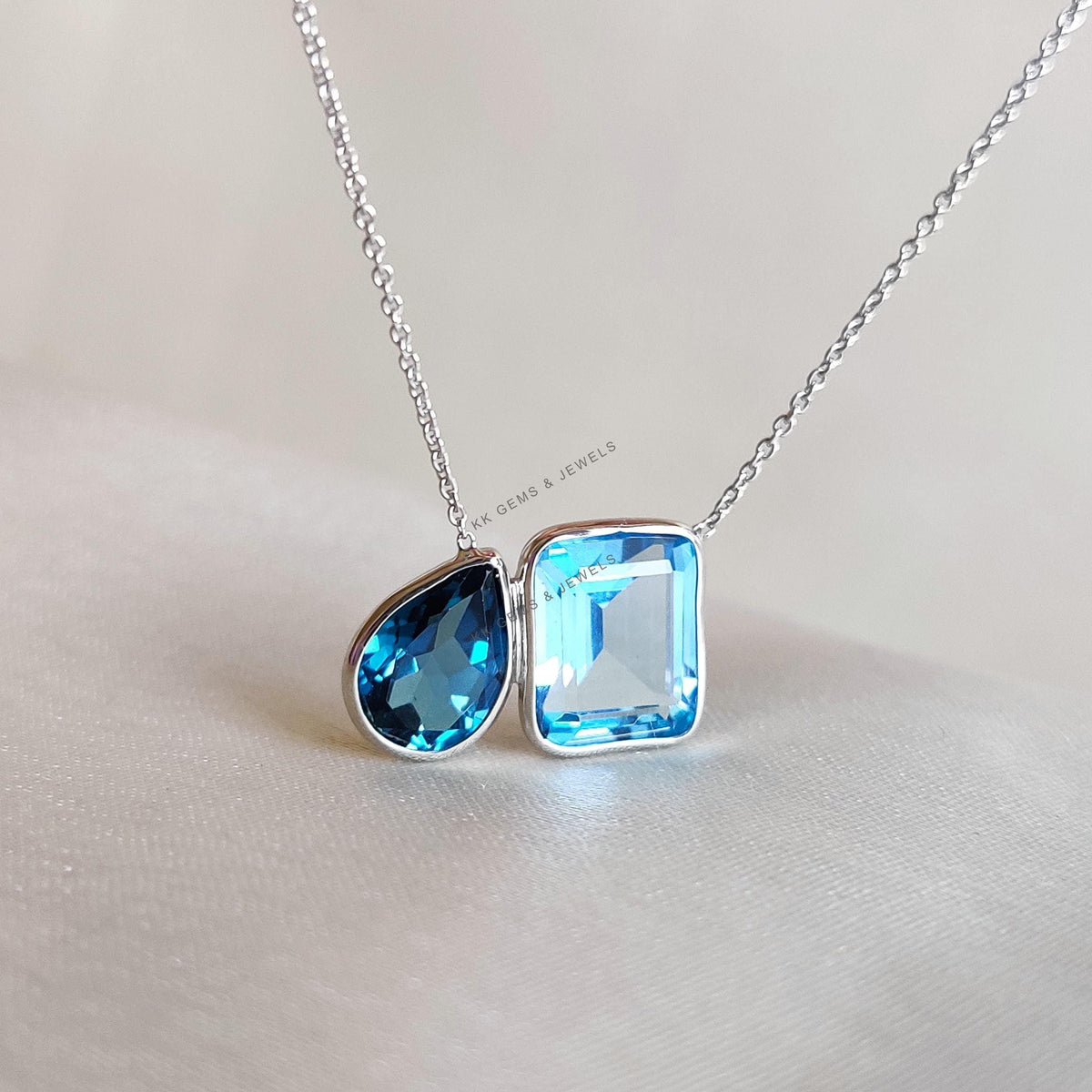 Natural Swiss & London Blue Topaz 14K Solid White Gold Chain Necklace, December Birthstone