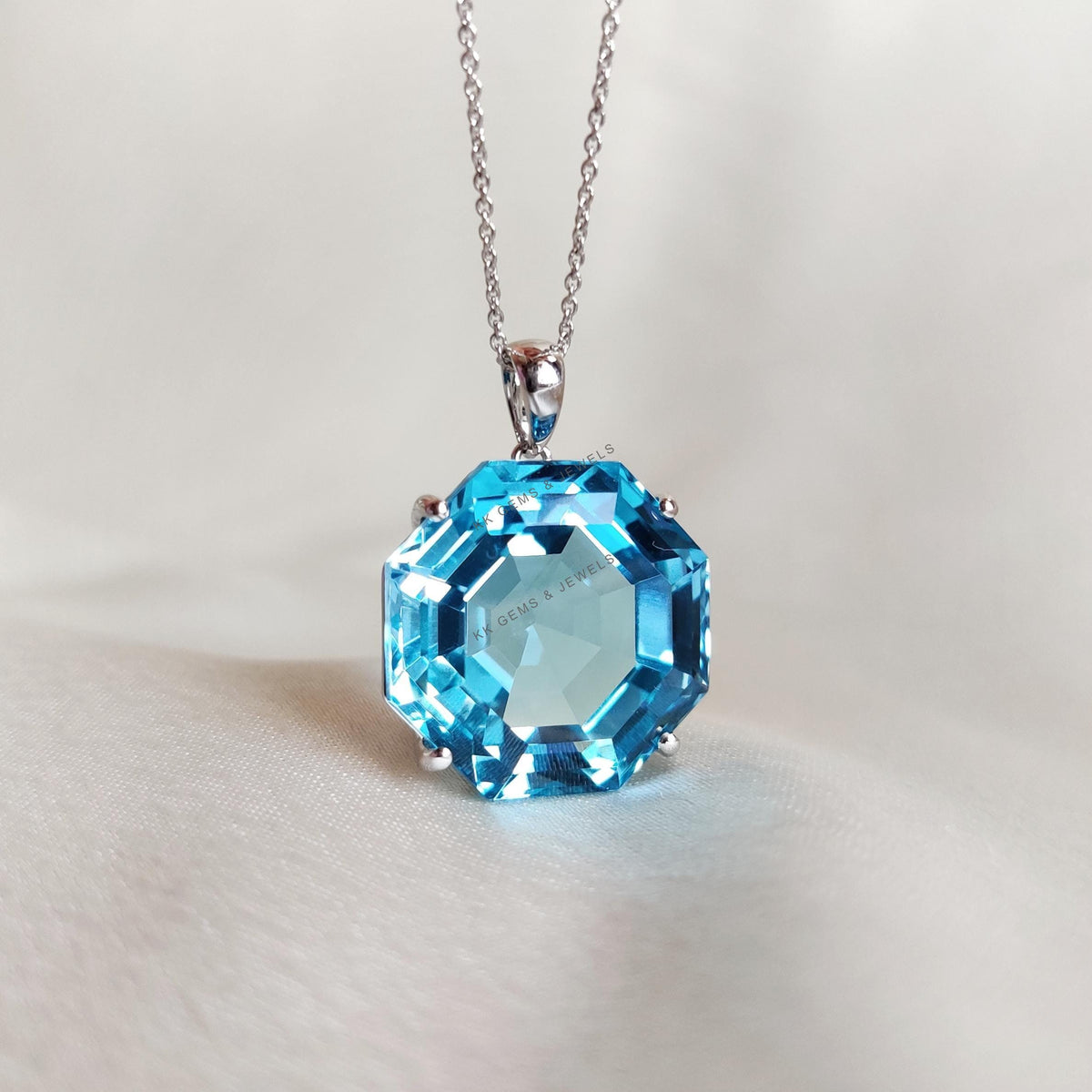 Natural Sky Blue Topaz Pendant, 14K Solid White Gold, December Birthstone