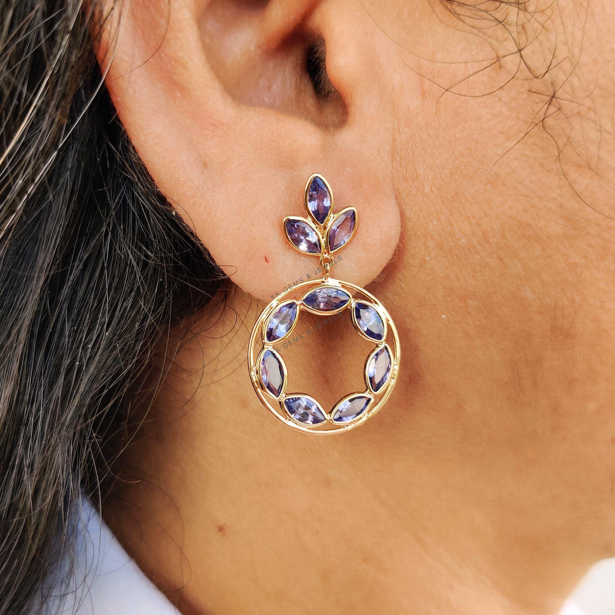 14k Solid Gold Natural Tanzanite Flower Loop Earrings, December Birthstone