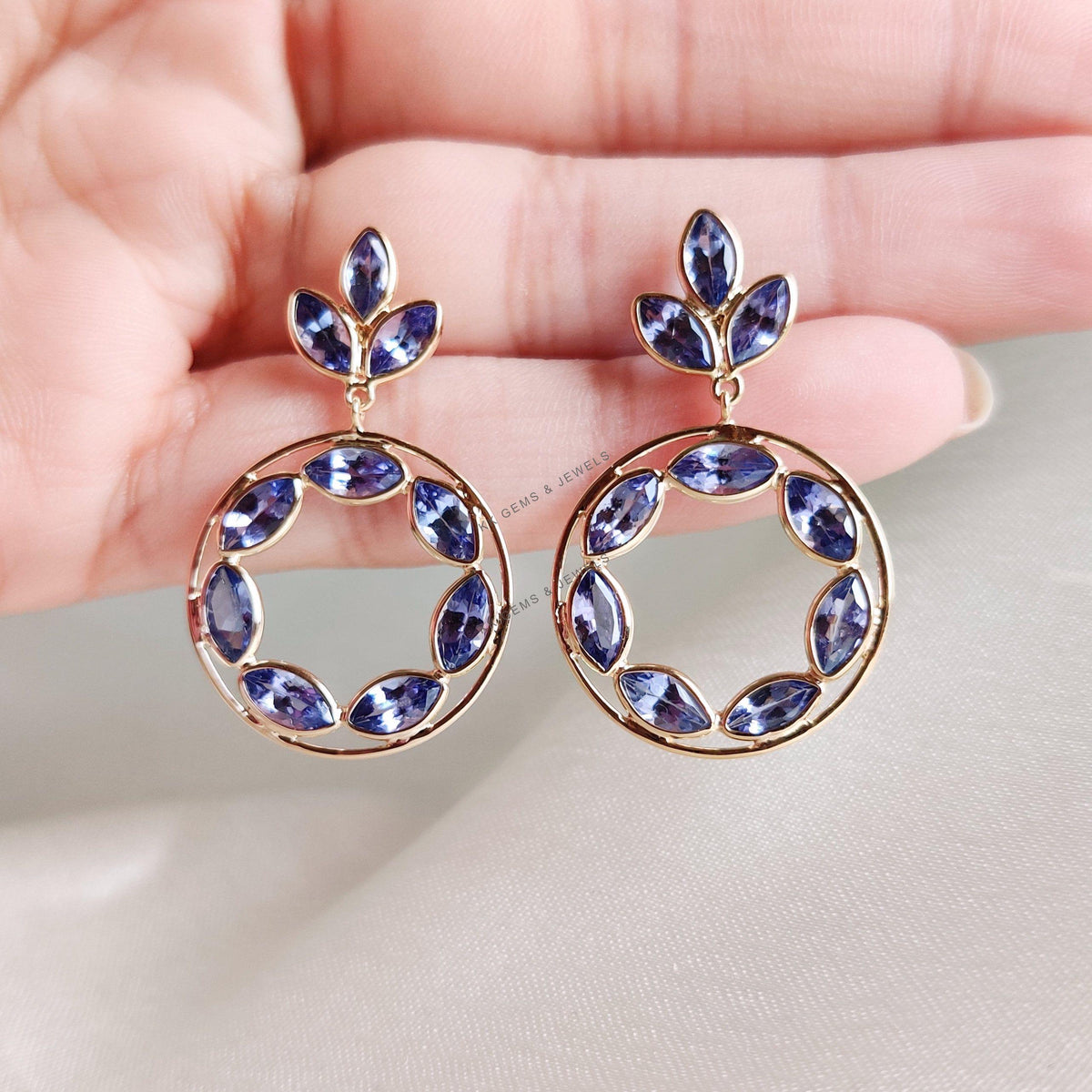 14k Solid Gold Natural Tanzanite Flower Loop Earrings, December Birthstone