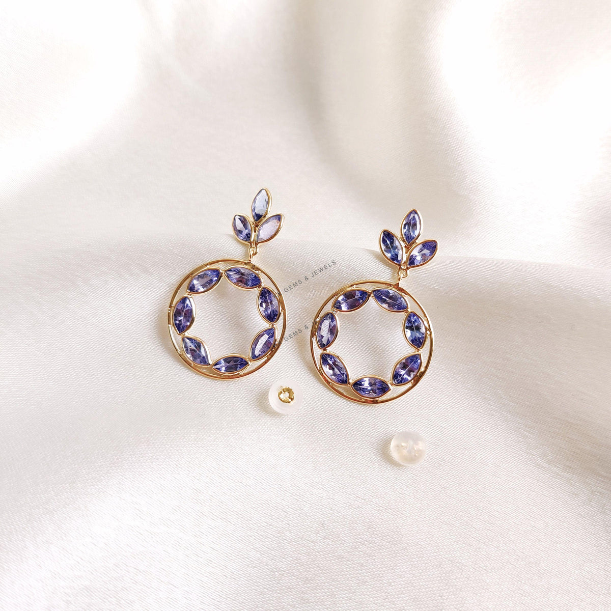 14k Solid Gold Natural Tanzanite Flower Loop Earrings, December Birthstone