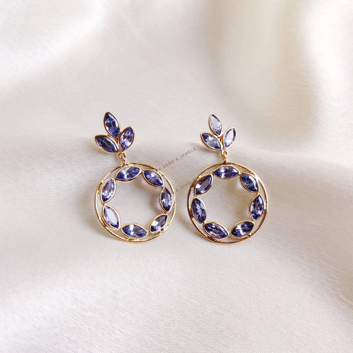 14k Solid Gold Natural Tanzanite Flower Loop Earrings, December Birthstone