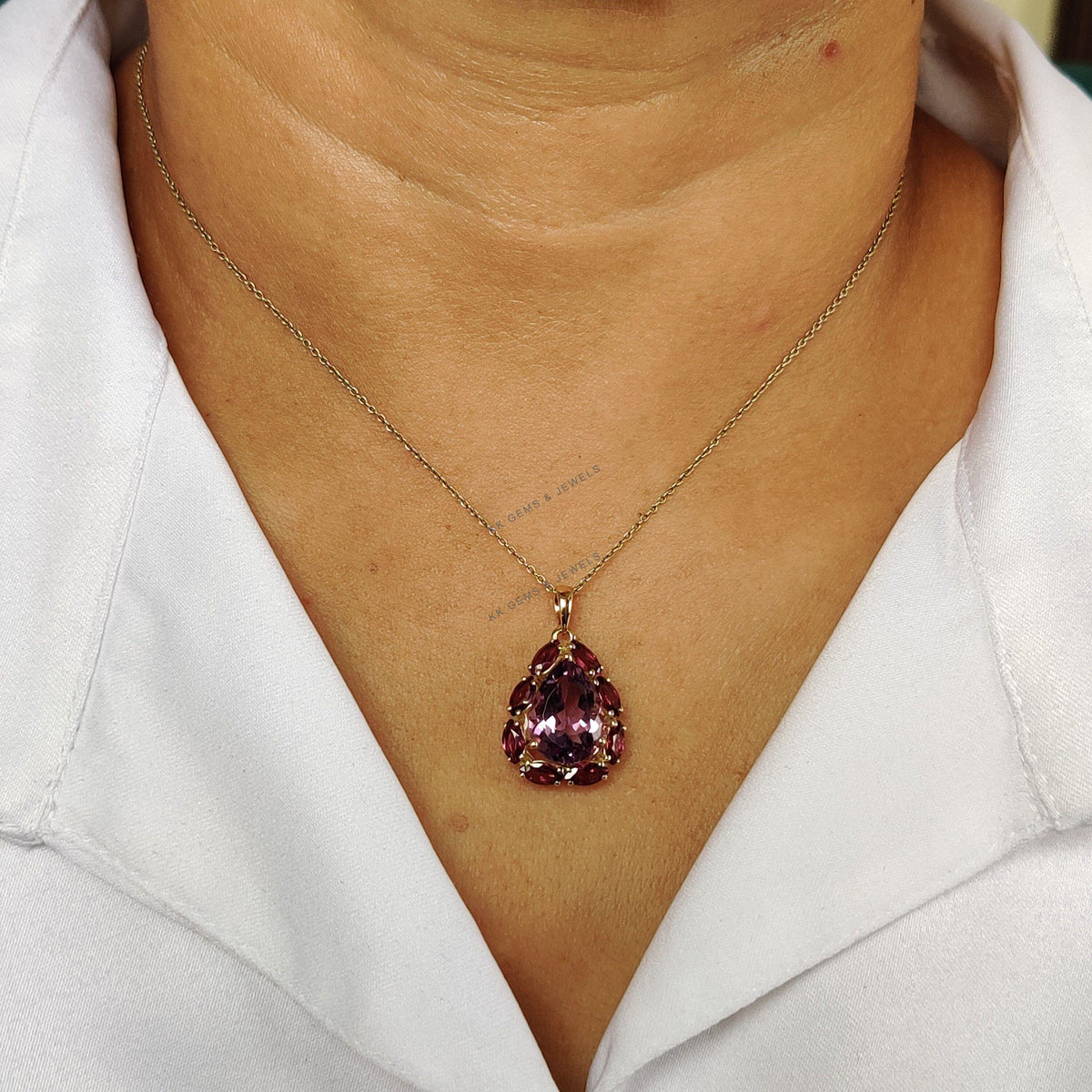 14K Solid Gold Natural Purple Amethyst & Rhodolite Garnet Pendant, February Birthstone