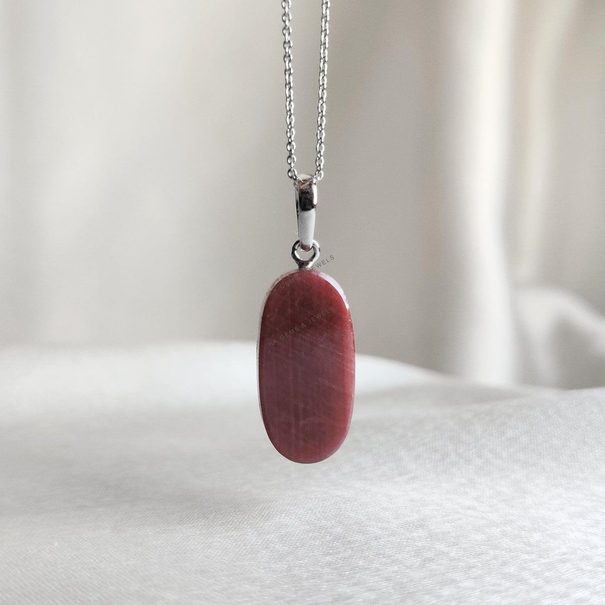Natural Ruby Oval Stiger Pendant, 14K Solid  White Gold, July Birthstone