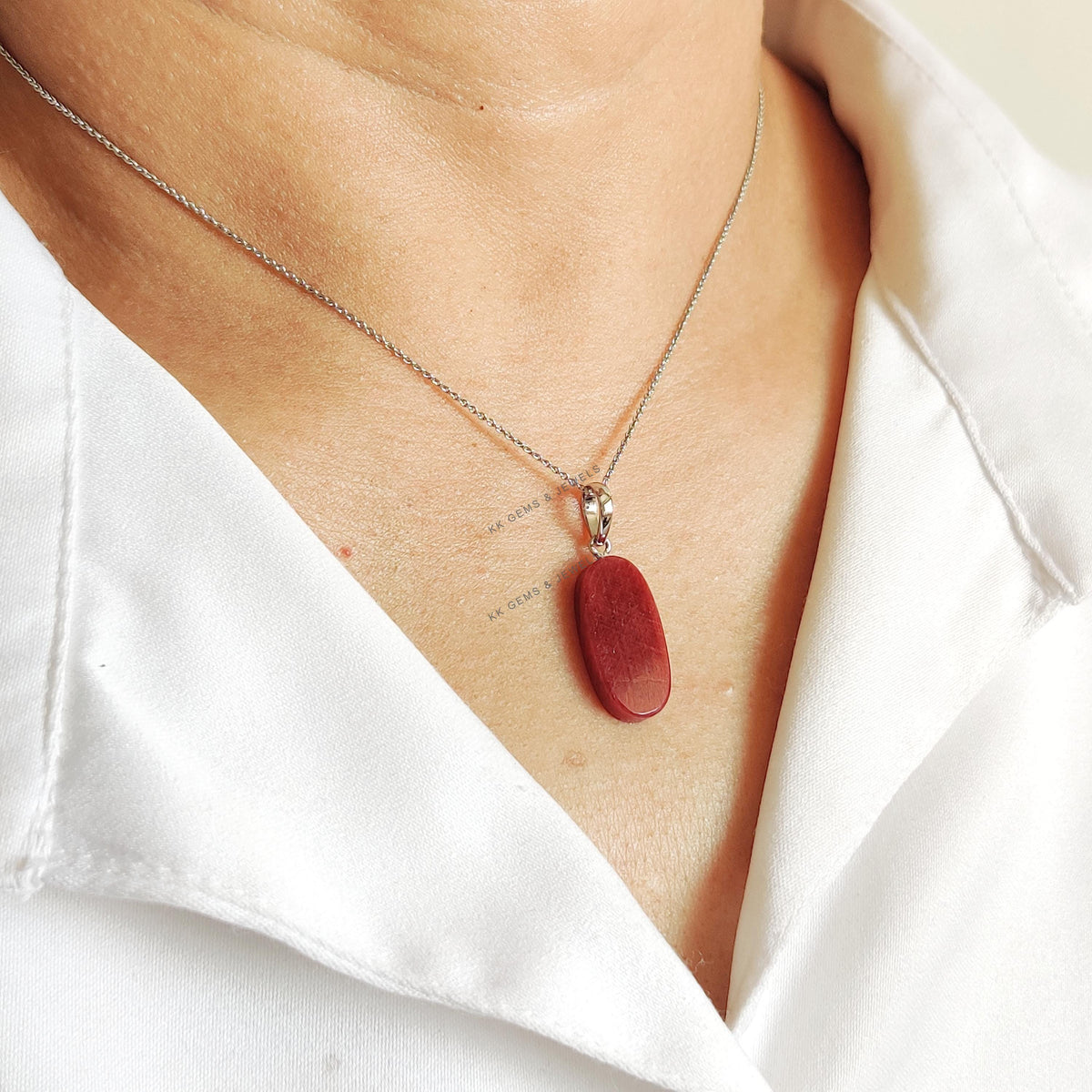 Natural Ruby Oval Stiger Pendant, 14K Solid  White Gold, July Birthstone