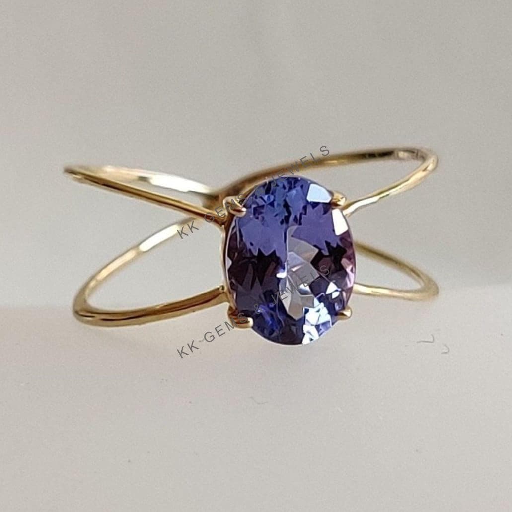 14K Solid Yellow Gold Natural Tanzanite Ring, Oval Cut December Birthstone