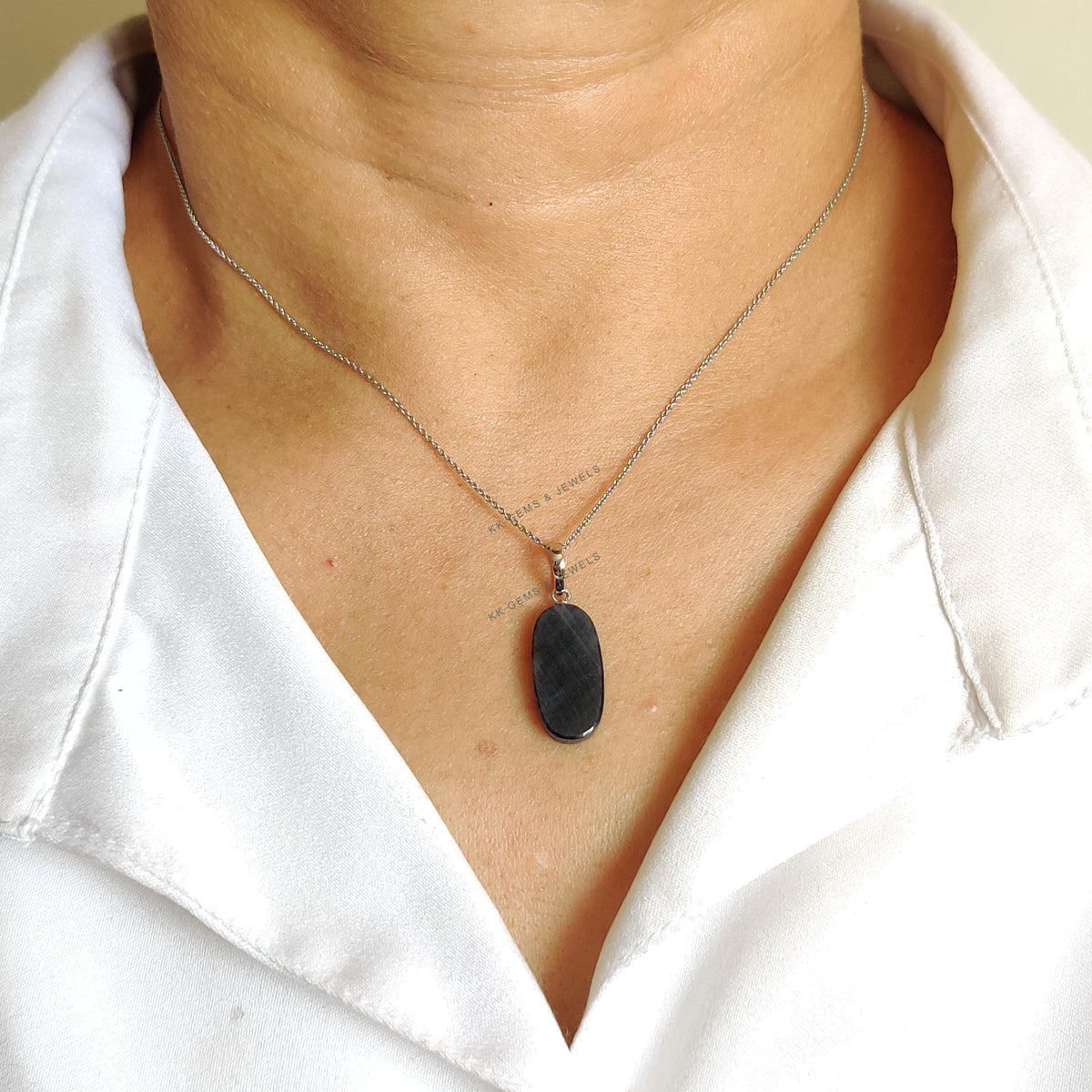 Natural Blue Sapphire Stiger Drill Pendant, 14K Solid White Gold, September Birthstone