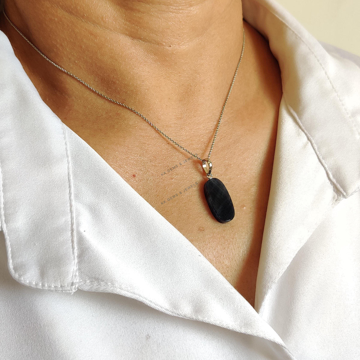 Natural Blue Sapphire Stiger Drill Pendant, 14K Solid White Gold, September Birthstone