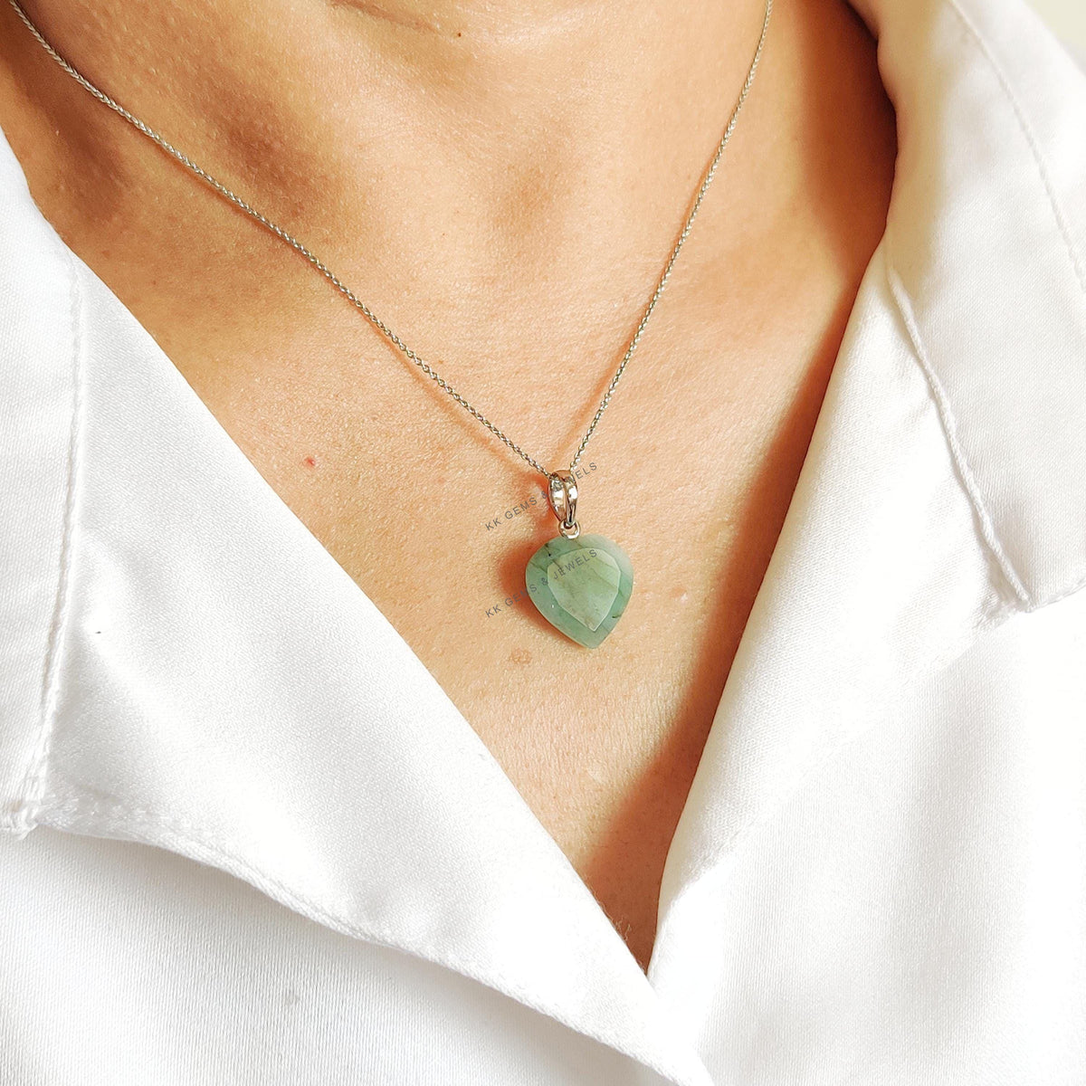Natural Emerald Heart Pendant, 14K Solid White Gold, May Birthstone