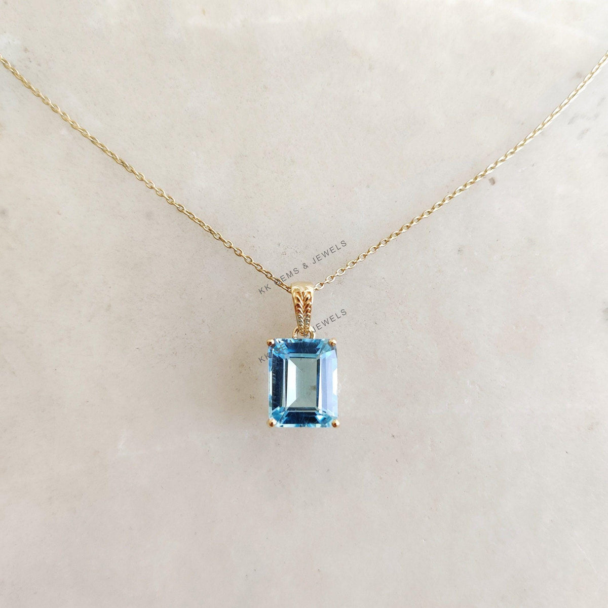 Natural Sky Blue Topaz Pendant, 14K Solid Yellow Gold, December Birthstone