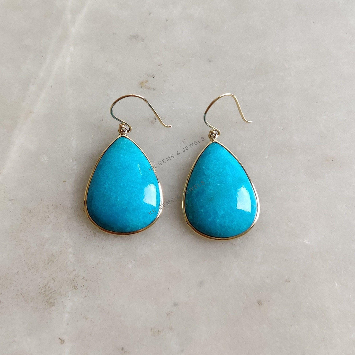 Natural Sleeping Beauty Turquoise Earrings, 14K Solid Yellow Gold Pear Jewelry